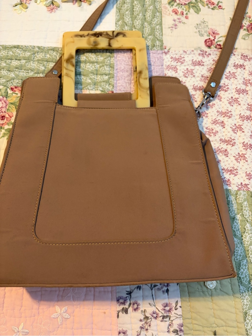 Mondani Tan Shoulder Bag with Marbled Square Handle